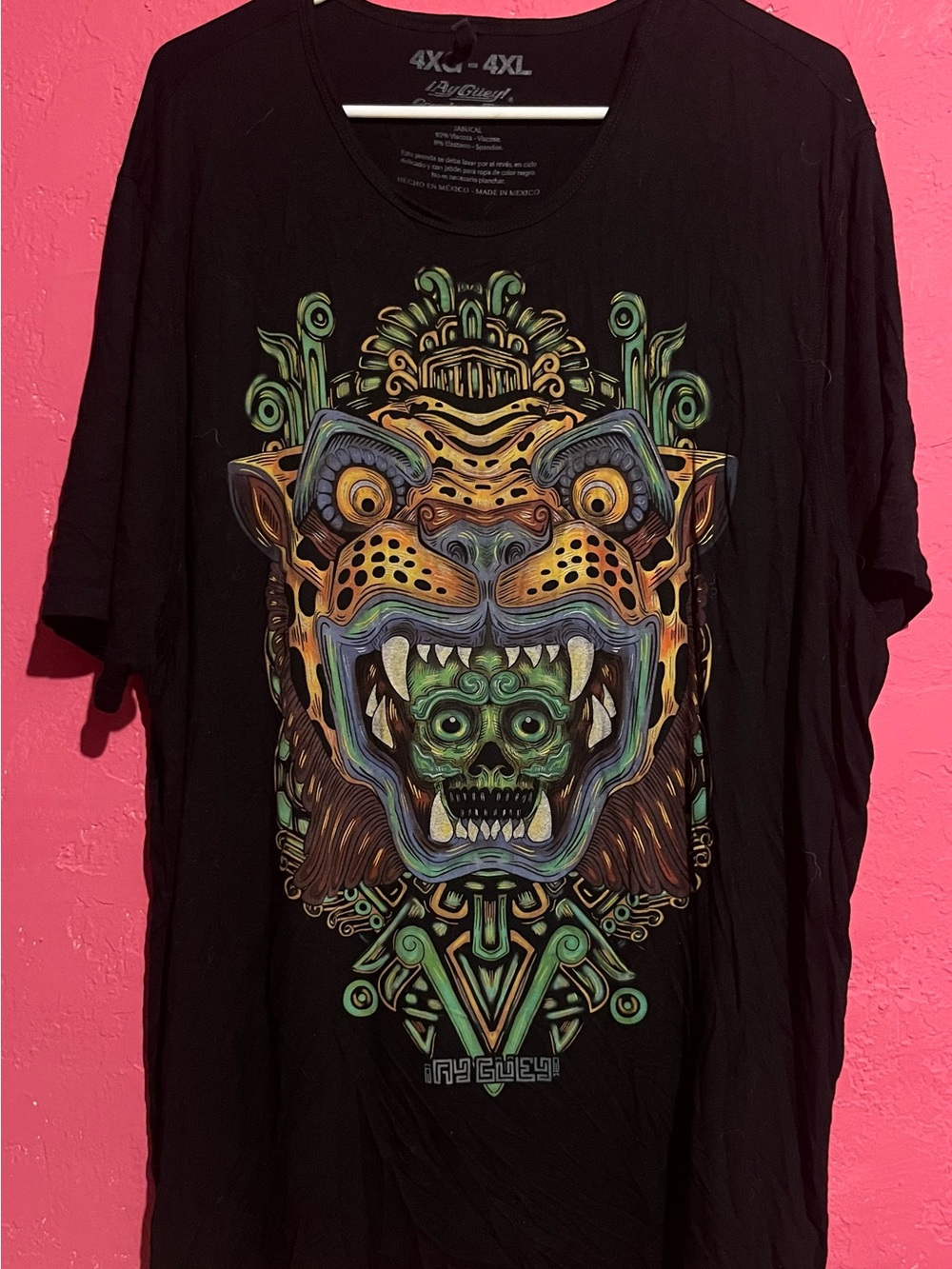 Black Short-Sleeve Graphic Tee with Multicolor Aztec Jaguar Design